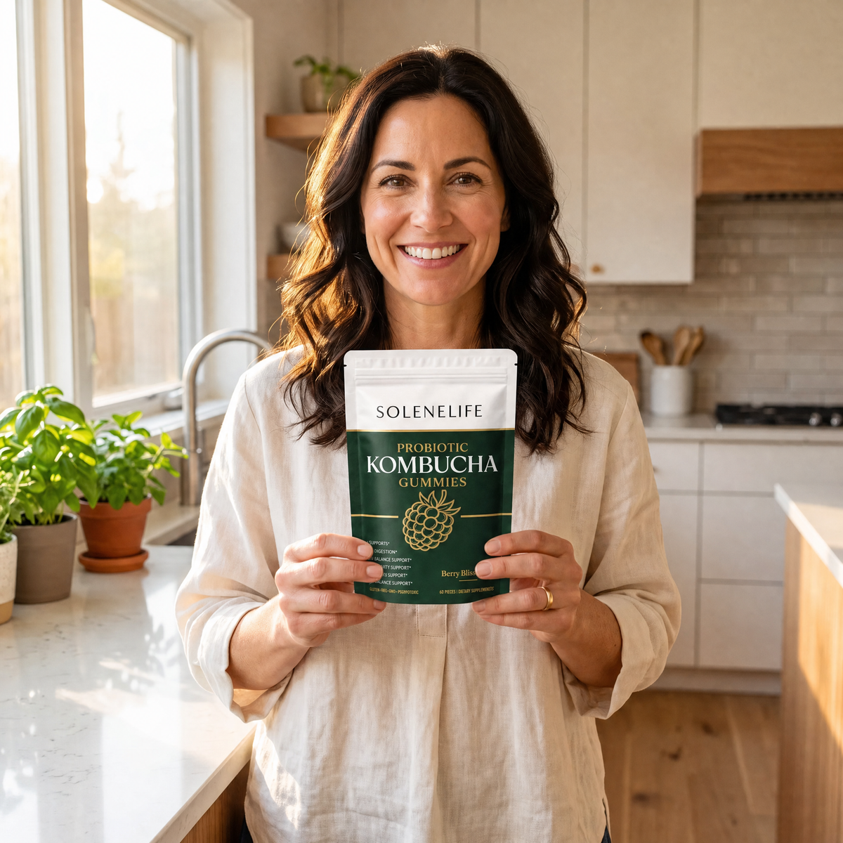 Woman holding the Cerva gummy pouch in a warm, sunlit kitchen