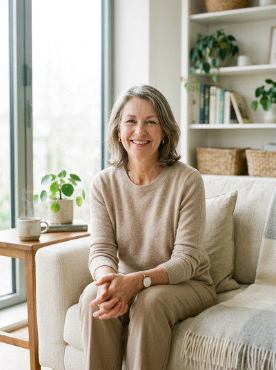 Woman in her fifties sitting on a sofa in a bright living room, smiling gently