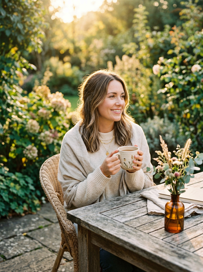 Woman sitting outdoors at a garden table at golden hour, holding a mug