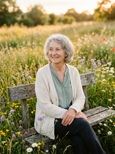 Older woman with grey hair sitting on a bench in a wildflower meadow