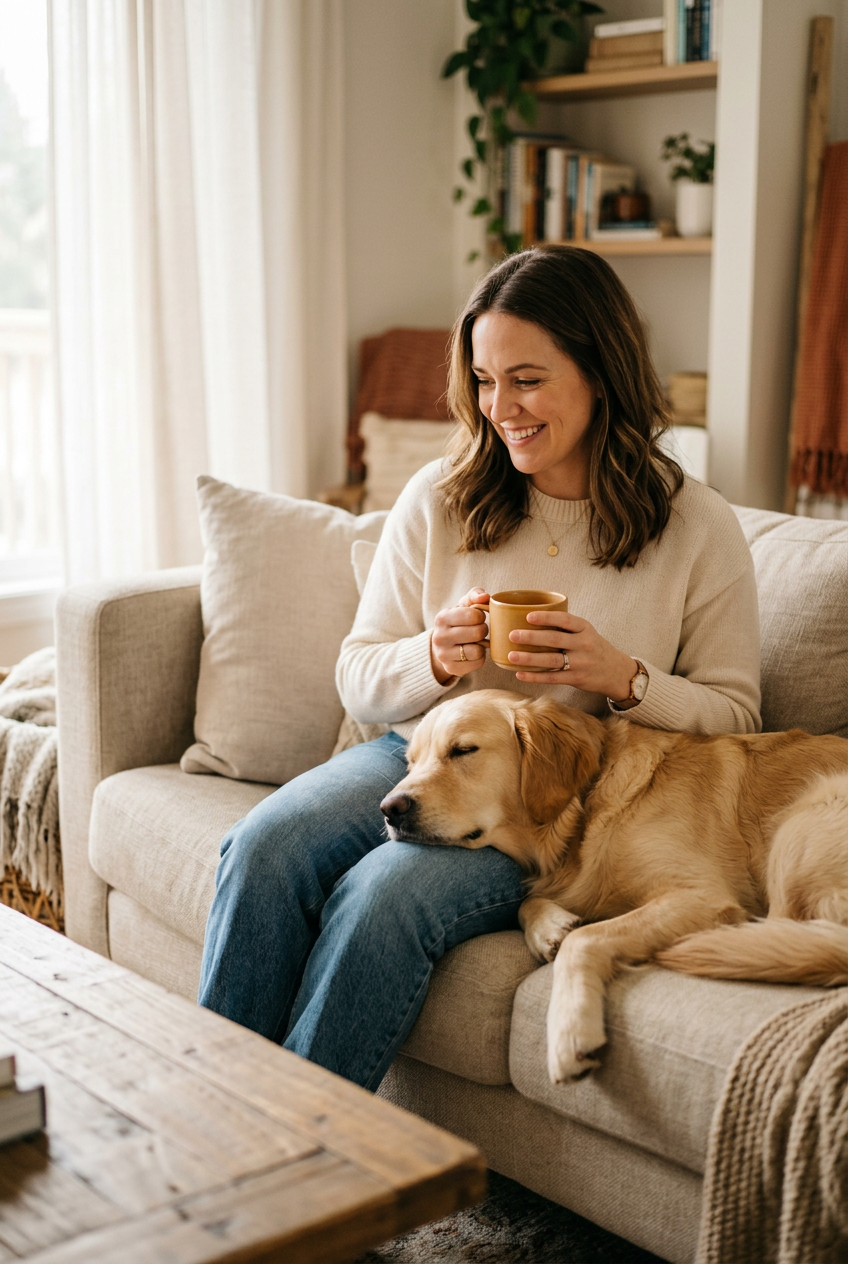 Smiling dog owner with her calm golden retriever resting on her lap