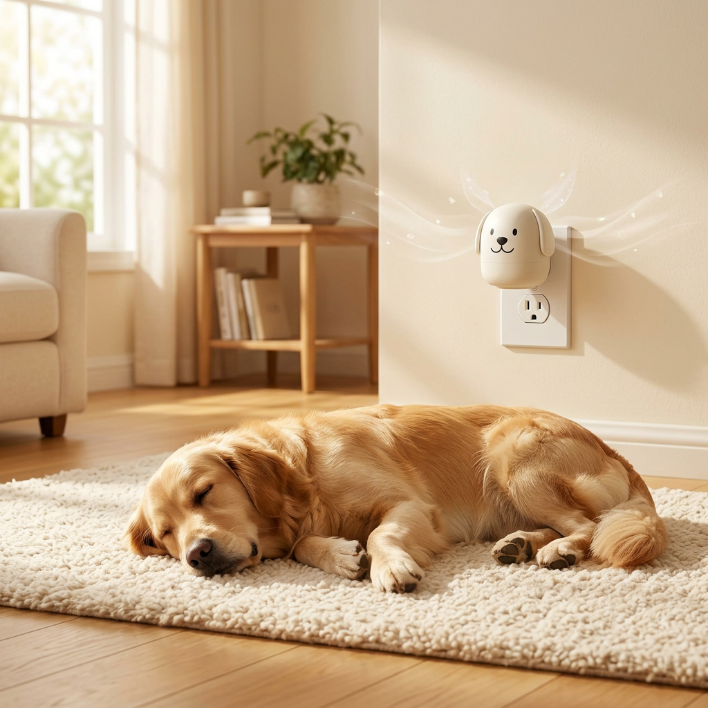 Calm golden retriever sleeping beside the SoleneLife dog calming diffuser in a sunlit living room