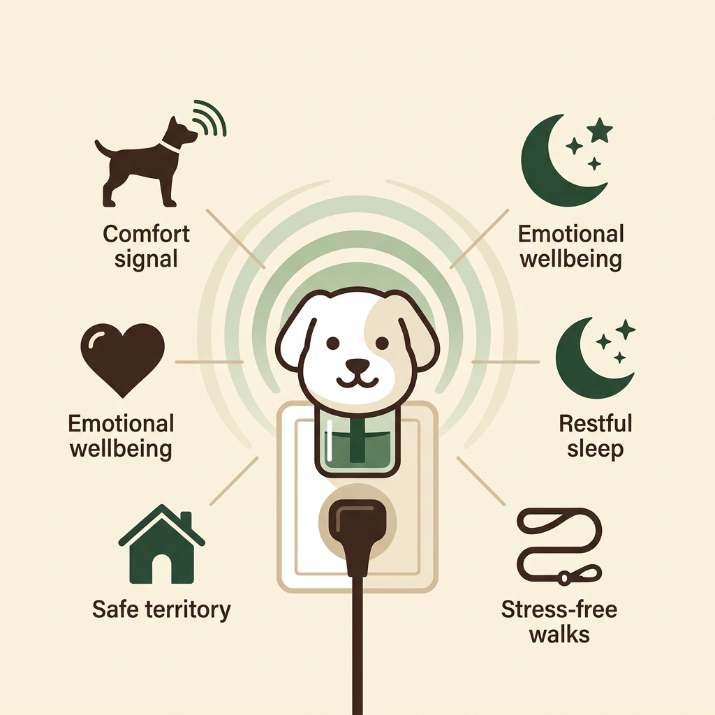 Illustration of the dog calming diffuser releasing pheromone comfort signals in the home