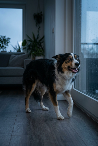Anxious dog pacing near a window at dusk