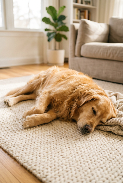 Relaxed golden retriever sleeping peacefully on a rug
