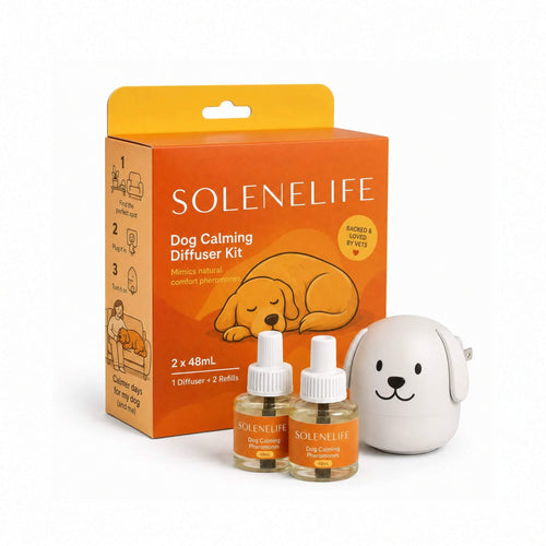SoleneLife Dog Calming Diffuser Kit box with two 48mL pheromone refills and dog-head plug-in diffuser unit