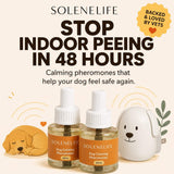 SoleneLife dog calming pheromone diffuser with two 48mL refills and sleeping puppy illustration